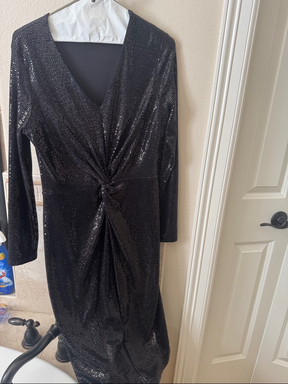 Tahari Black Sequin Twist-Front Long Sleeve Dress